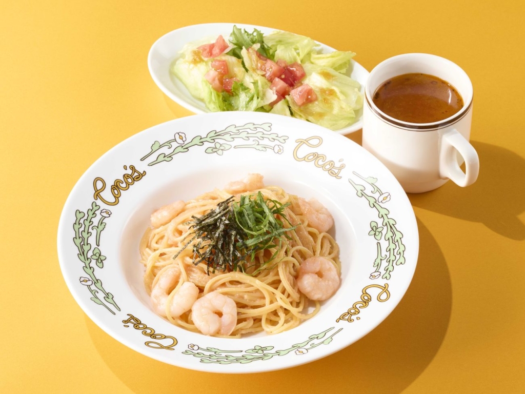 ぷりぷり海老と明太子のパスタランチ 890円(税込979円)