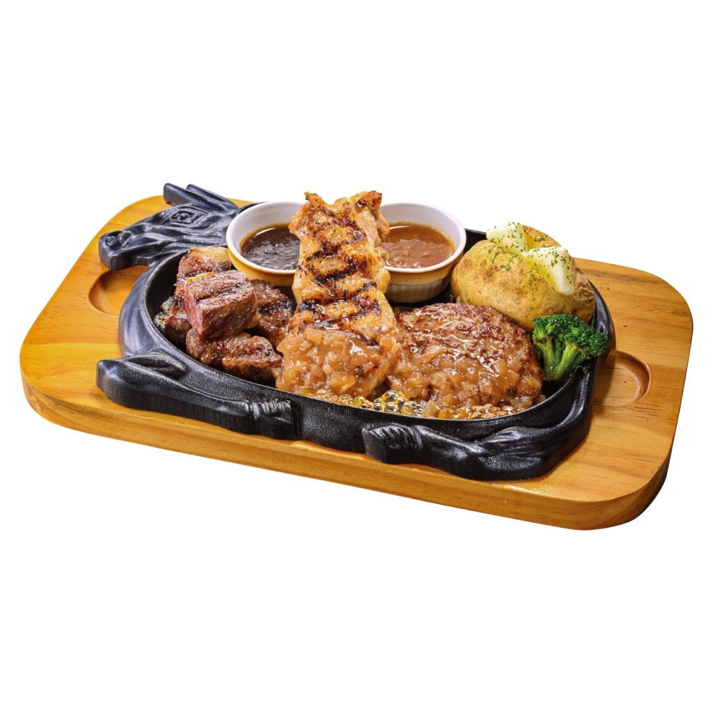サーロインカットステーキのトリプルグリル（黒毛和牛サーロイン80g/グリルチキン100g　手ごねハンバーグ100g）