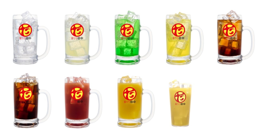 写真上 段左から：タコハイ、C.C.レモンサワー、POPメロンサワー、デカビタサワー、ロイヤル紅茶ハイ 写真下段 左から：焦しキャラメルレイコーハイ、カシスオレンジ、ピーチオレンジ、オレンジジュース