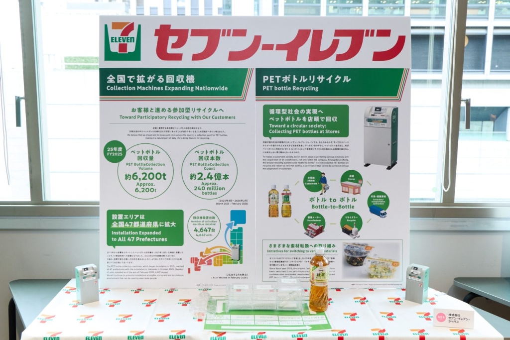 セブン‐イレブン・ジャパンのペットボトル回収の取り組み。2026年2月末時点で回収機4647台を設置している