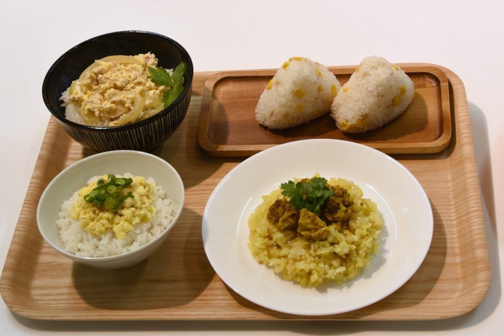 「鶏むねひき肉のヘルシー親子丼」「とうもろこしとかつお節の旨みおにぎり」など