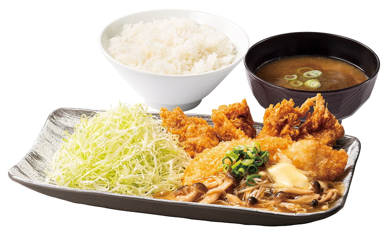 出汁とり天と白身魚からあげのきのこバターあんかけ定食