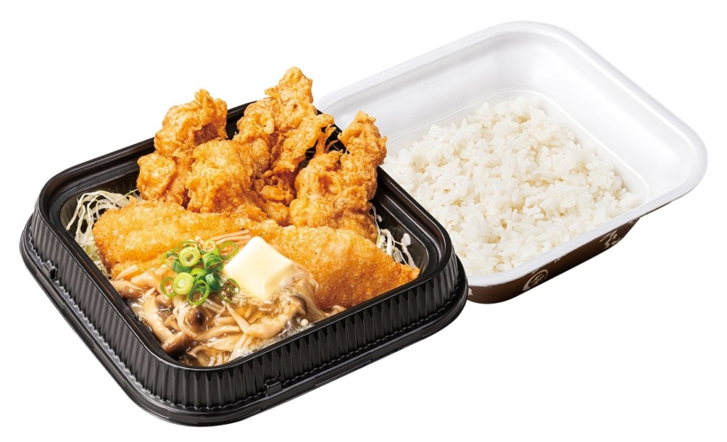 出汁とり天と白身魚からあげのきのこバターあんかけ弁当