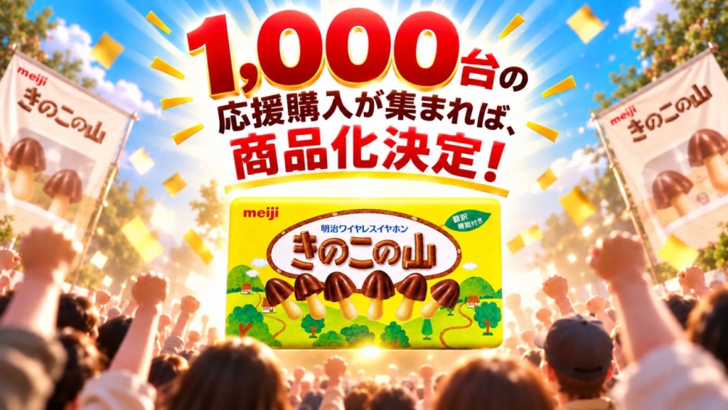 Makuakeで1000台以上の申し込みが集まった場合、第二世代2027年モデル「きのこの山ワイヤレスイヤホン Pro」を商品化