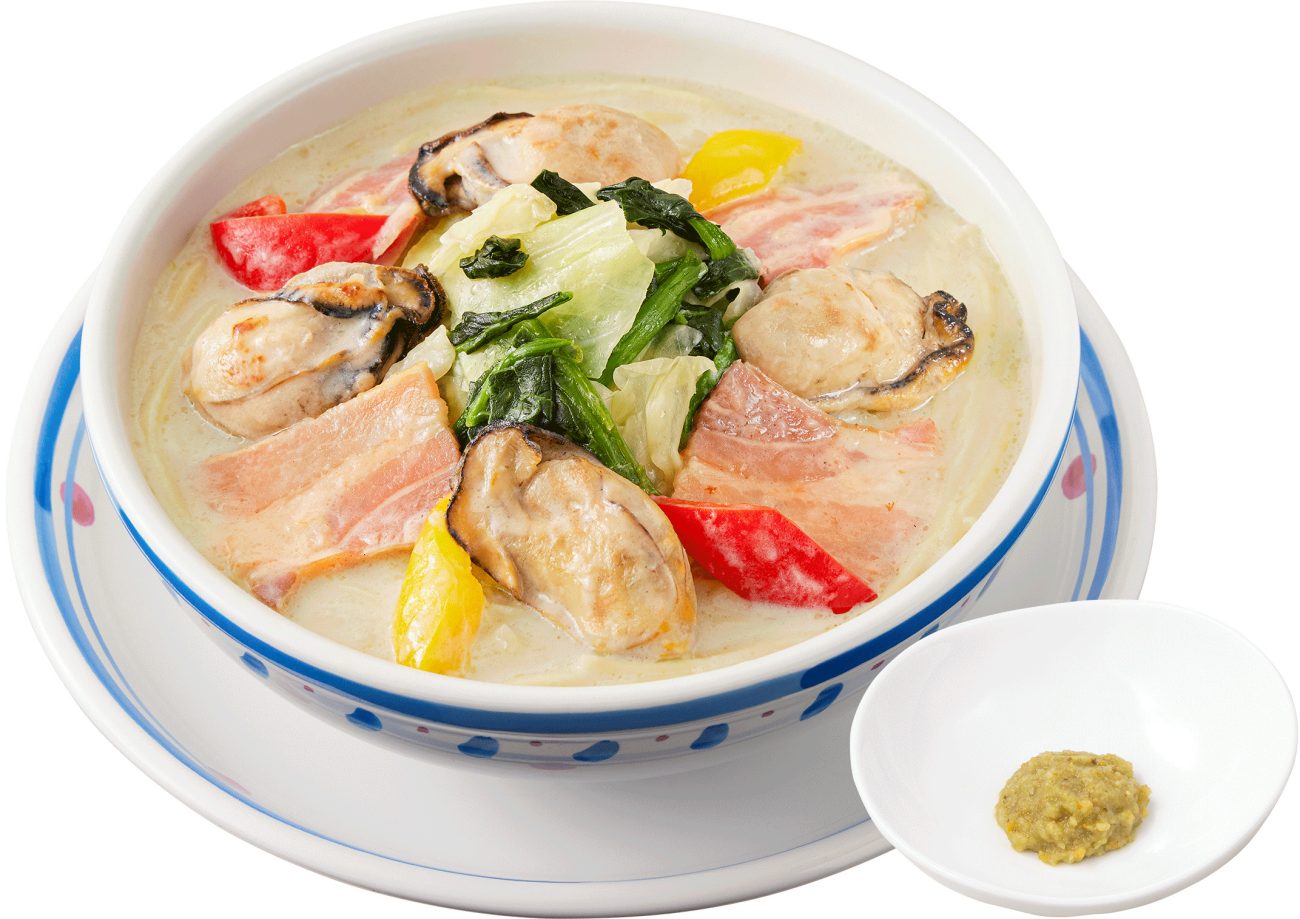 牡蠣と彩り野菜のクリームスープパスタ