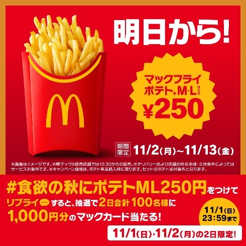 マックフライポテト M・Lサイズが特別価格250円
