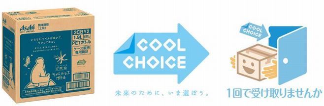 外装ダンボールに「COOL CHOICE」ロゴと「1回で受け取りませんか」マークを記載