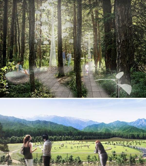 敷地内の「森の遊歩道」(上)と「ものづくり棟」の展望テラス(下)のイメージ