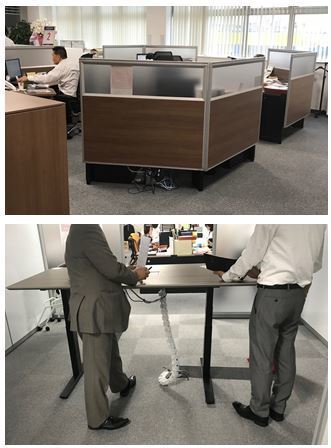 オフィス中央に取締役4名の机を配置（上）、「立ち会議室」（下）
