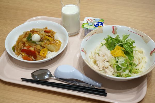 「柚子香る鶏塩うどん」と「五目野菜中華丼」