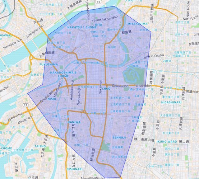 「Uber Eats」大阪サービスエリアマップ