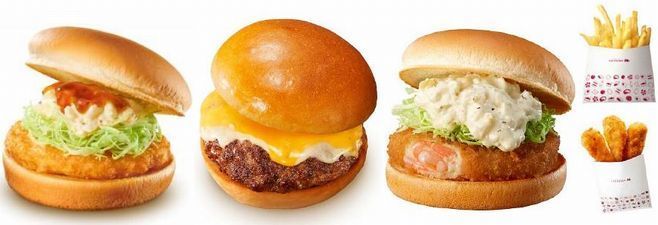 「500円ポテからパック」の対象となる「チキン南蛮バーガー」「絶品チーズバーガー」「エビバーガー」と、「フレンチフライポテトS」「チキンからあげっと」