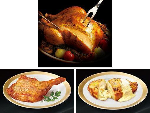 上＝「五穀味鶏 プレミアムローストチキン」、左下＝「五穀味鶏 ローストレッグ」、右下＝「五穀味鶏 胸肉ロースト」