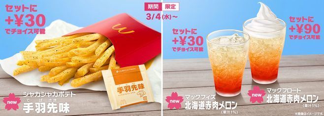 「シャカシャカポテト 手羽先味」「マックフィズ/マックフロート 北海道赤肉メロン」