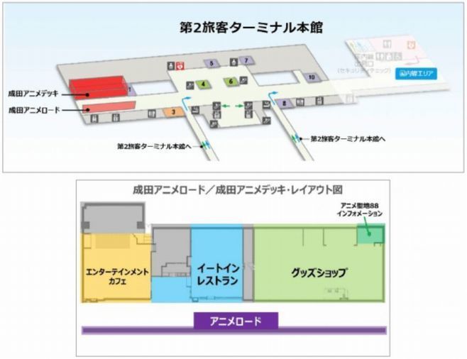 成田国際空港第2旅客ターミナル本館2階 成田アニメデッキの場所