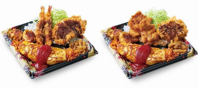 全力飯弁当「オムナポリタン」海老フライ＆チキンカツと、から揚げ＆メンチカツ