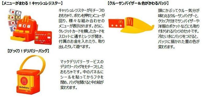 ハッピーセット「なりきりマクドナルド」第1弾「メニューがまわる!キャッシュレジスター」「クルーサンバイザー&色がかわるバッジ」「びっくり!デリバリーバッグ」