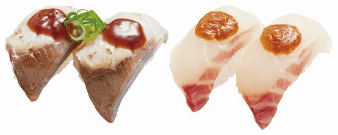 かっぱ寿司「鮨 大地」監修「はまちの塩炙り 江戸前赤味噌のせ」「真鯛の香る胡麻醤油のせ」/SUPER創業祭2021