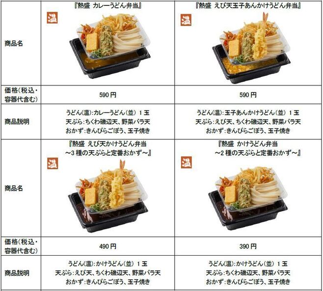 「熱盛 カレーうどん弁当」などのラインアップ(丸亀製麺)