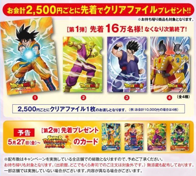 くら寿司「ドラゴンボール超スーパーヒーロー」先着プレゼント(第1弾「クリアファイル」、第2弾「『スーパードラゴンボールヒーローズ』カード」)