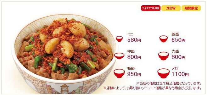 すき家「トリプルニンニク牛丼」各サイズ価格