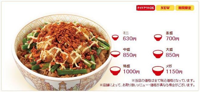 すき家「トリプルニンニクマヨ牛丼」各サイズ価格