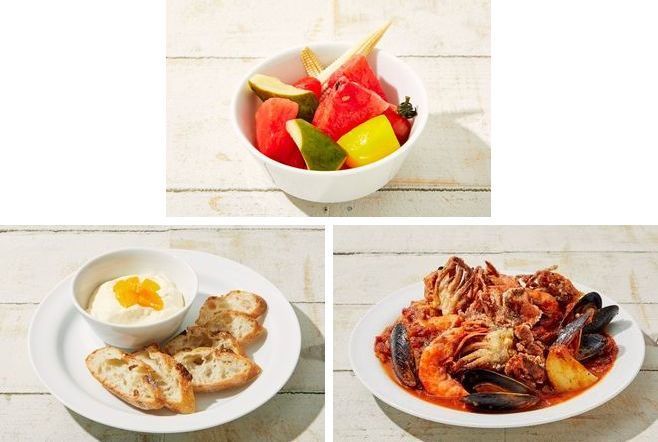 上＝「スイカと夏野菜のピクルス」、左下＝「オレンジ＆マスカルポーネチーズ & ブレッド」、右下＝「シーフードプラッター」