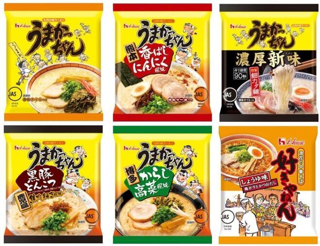 値上げ対象の「うまかっちゃん」シリーズ5種類と「好きやねん」(ハウス食品)