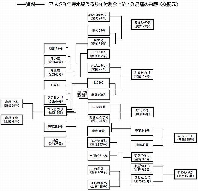 平成29年産水稲うるち作付割合上位10品種の来歴（交配元）