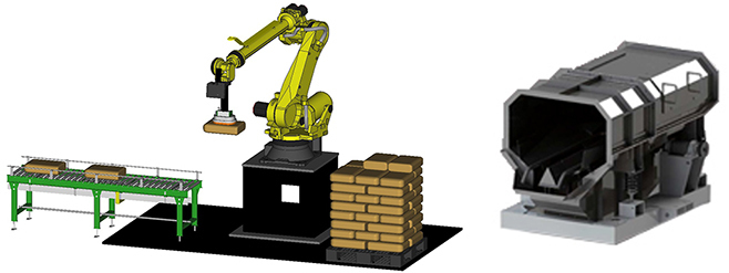 米袋を降ろすロボット(左)と自動開袋機