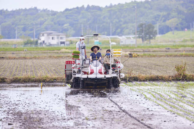 5月15日開催の福島舞台ファームの南棚塩圃場での田植えイベント　トラクタに乗る北尾社長