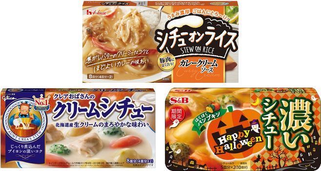 シェア上位3社の商品（ハウス食品「シチューオンライス カレークリームソース」、エスビー食品「濃いシチュー ほくほくパンプキン」、江崎グリコ「クレアおばさんのクリームシチュー」）