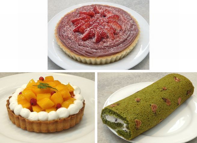 学生部門受賞作(上＝1位「Tartar aux fraises ～7品目アレルゲンフリー～」、左＝2位「Tropical tarte」、右＝3位「春の野」)